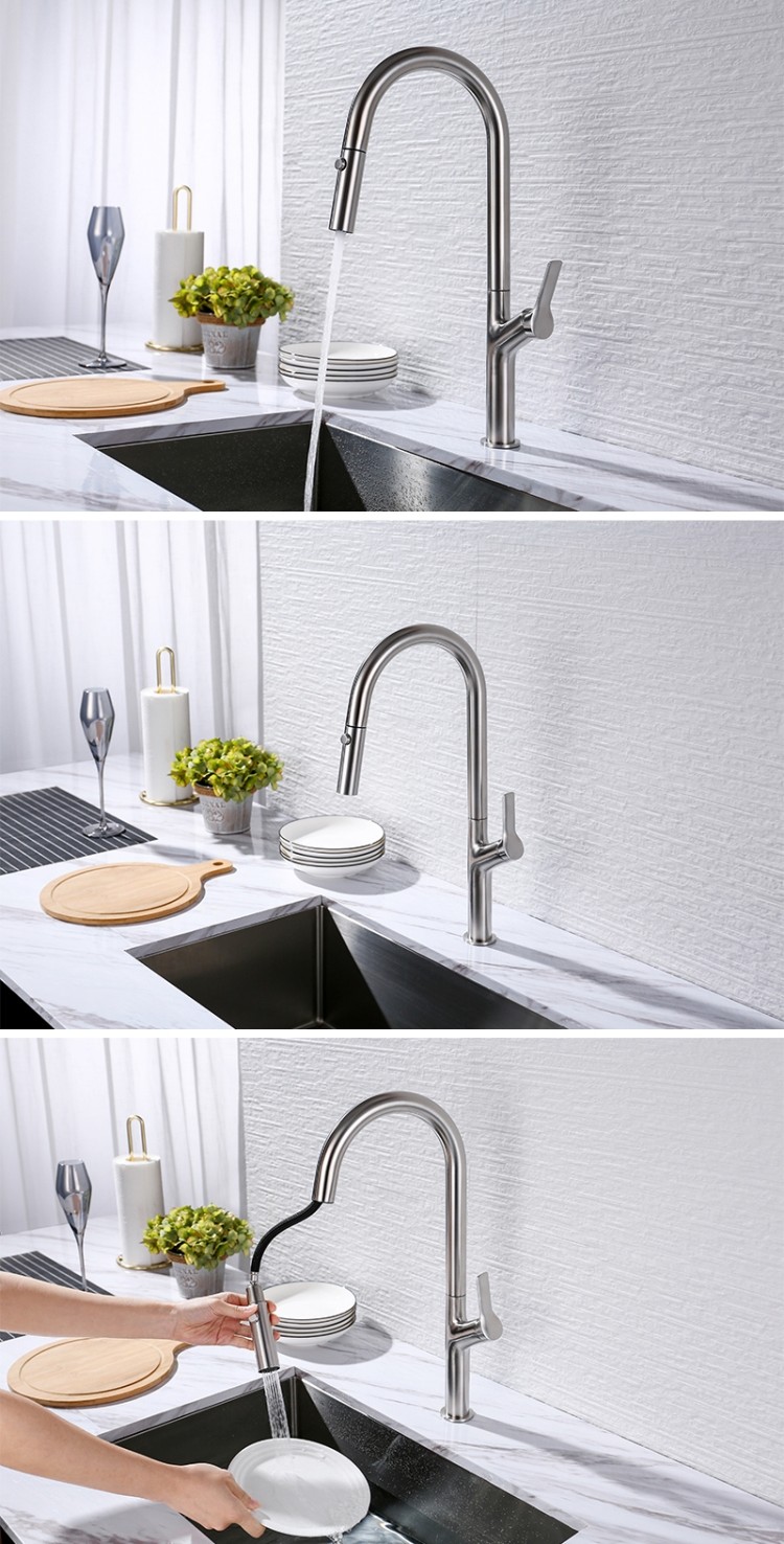 Pull Down Stainless Steel Kitchen Faucet Brushed Spray Hot Cold