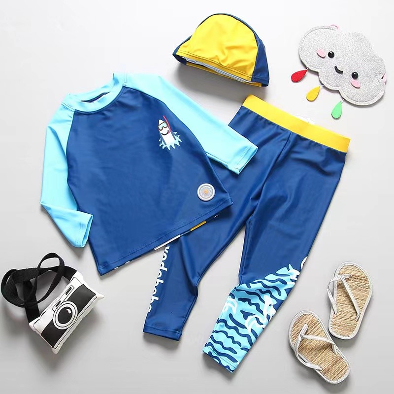 Three Piece Boys Swimwear Sets Printed Blue Boy Bathing Suit