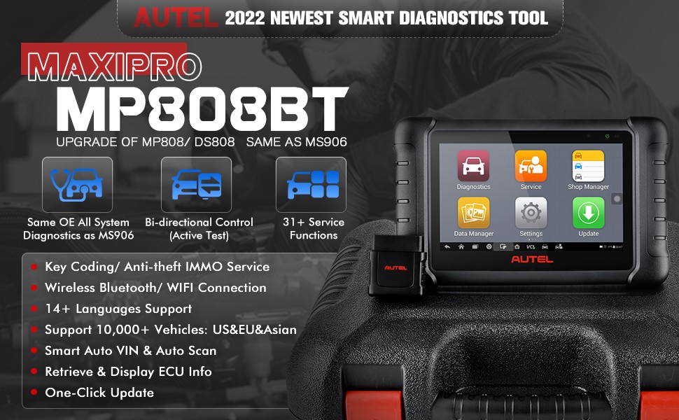 Autel MaxiPRO MP808BT Full System Diagnostic Tool with Complete OBD1 Adapters Support Wireless Upgrade Version of MP808