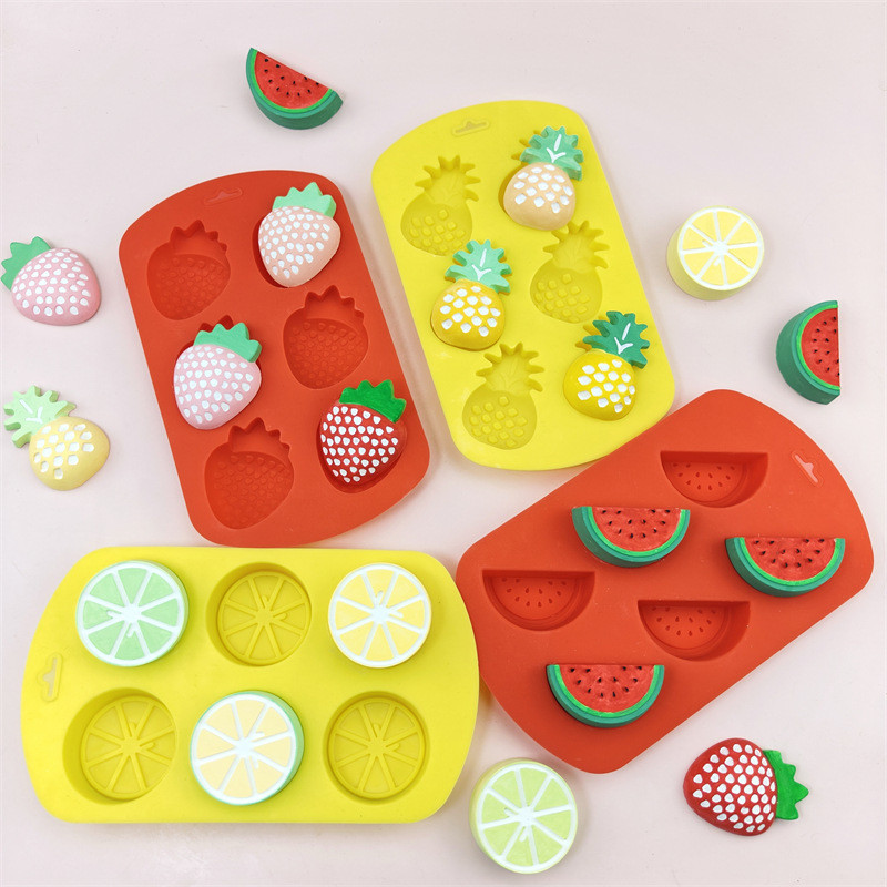 4 Pack Fruit Shaped Silicone Mold Pineapple Lemon Watermelon Strawberry Chocolate Candy Baking Mould 3D Summer Fruit Ice Mold For DIY Jelly Fondant