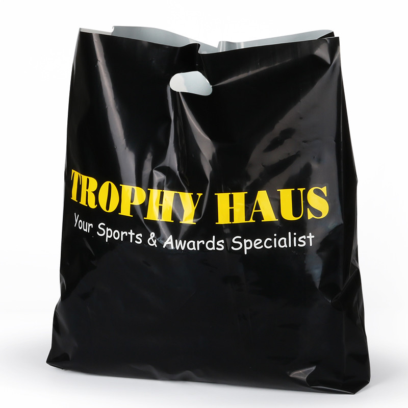 Custom Seize LDPE Die Cut Handle Plastic Retail Shopping Bags With Bottom Gusset