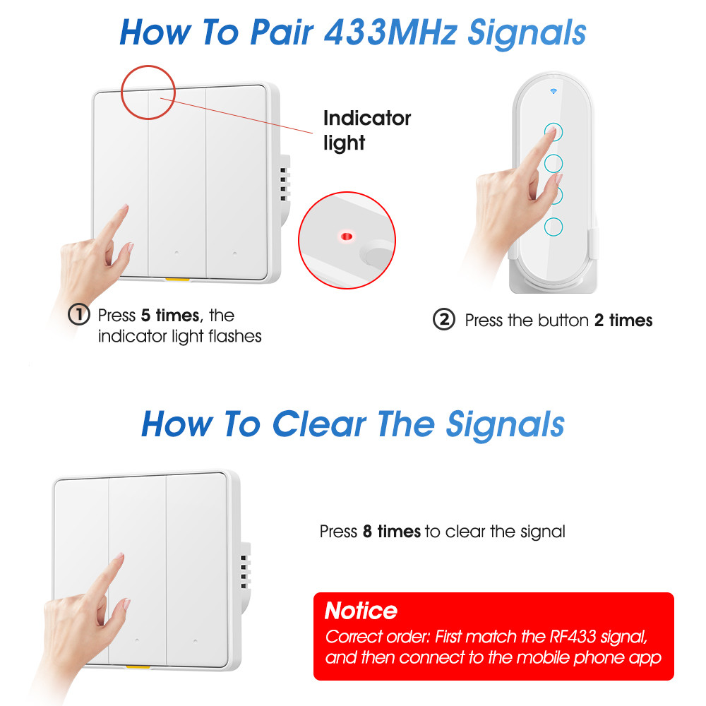 Tuya WIFI RF433 Smart Wall Light Button Push Switch 110-250v No Neutral Wire Single Fire Timing Voice App Tmall Genie, Alexa, Google Home