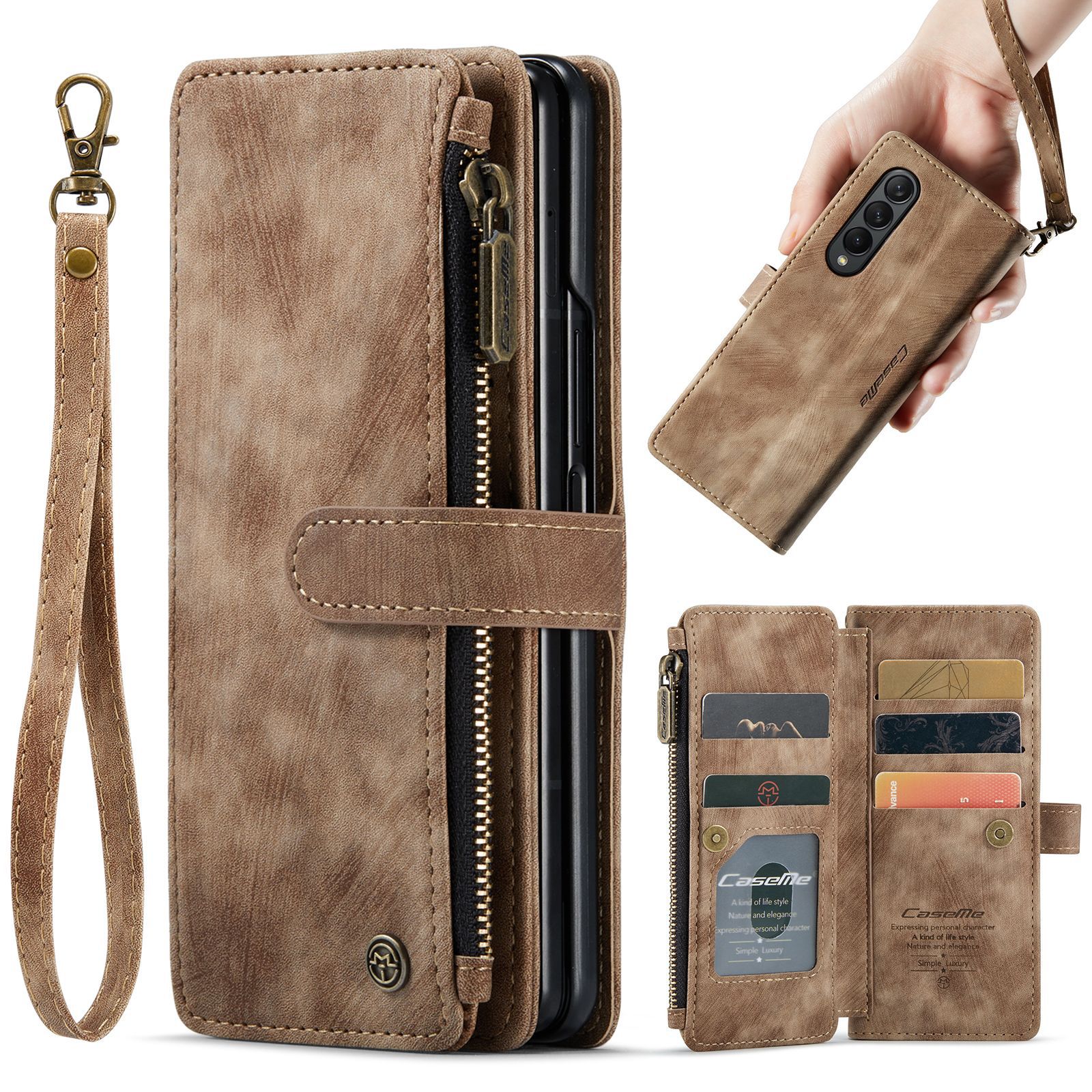Vintage Card Wallet Phone Case For IPhone 14 Pro Max And Samsung Z Fold 5 In Red Leather
