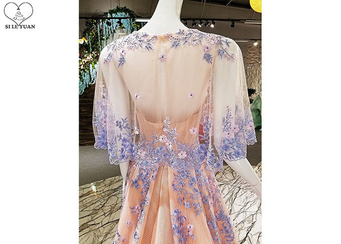 Backless Tailor Made Prom Dresses , Deep V Neck Floral Ball Gown Bat Wing Sleeve