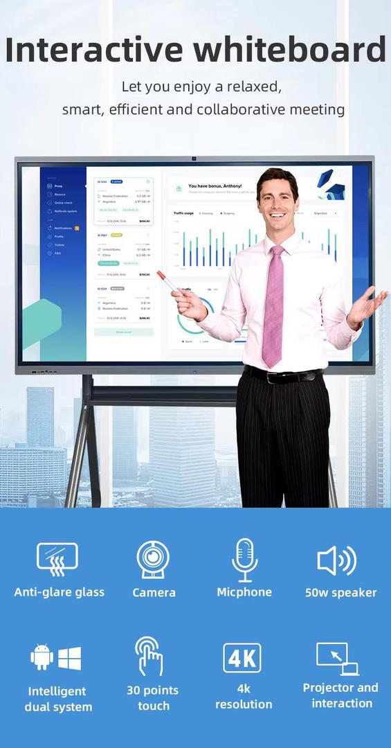 65 Inch Brightness 350cd/M2 Interactive Touch Screen Whiteboard With Software Interactive Whiteboard Software OPS PC 0