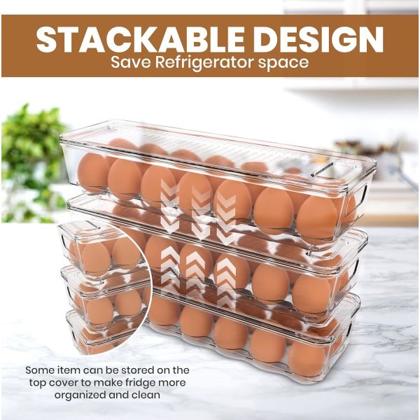 Home Egg Container With Lid And Handle For Refrigerator Organization- Pack Of 2 - Clear Stackable Egg Holder For Kitchen Or Pantry Organizers And