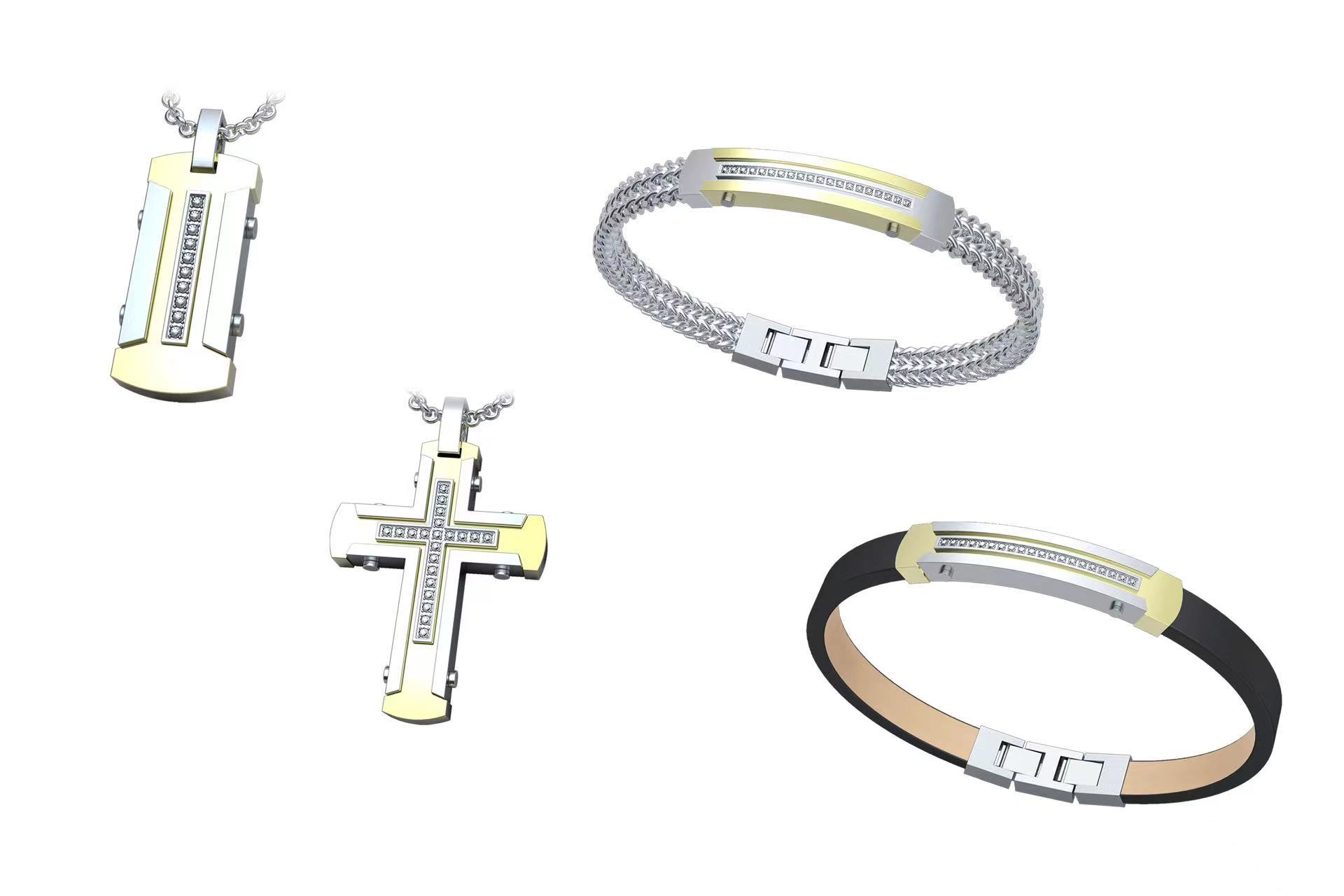 Fashion Stainless Steel Jewelry Set Men's Cross Necklace Pendant Link Bracelet Set