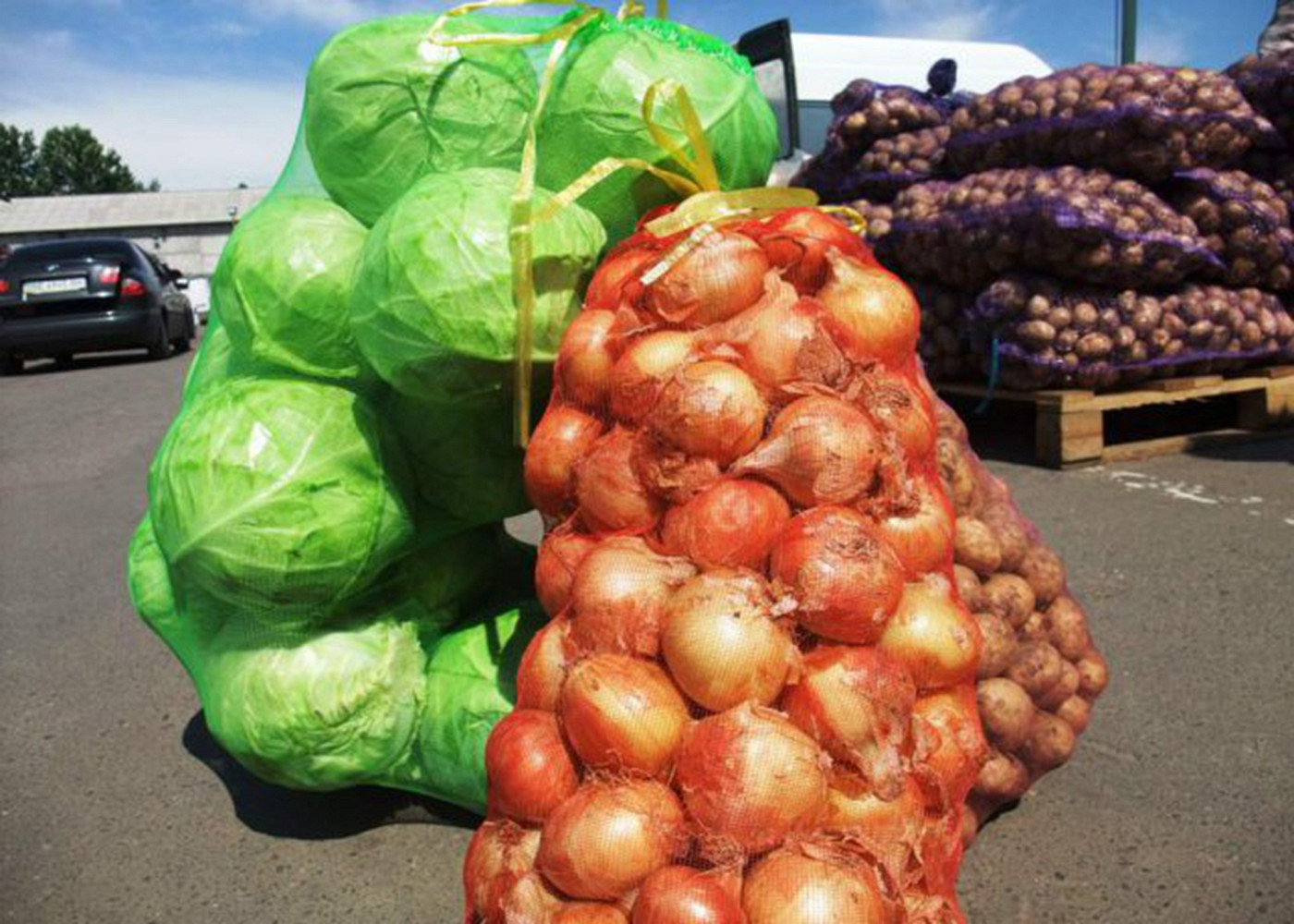 Large Yellow Or Purple Plastic Woven Reusable Bags For Fruit And Vegetables