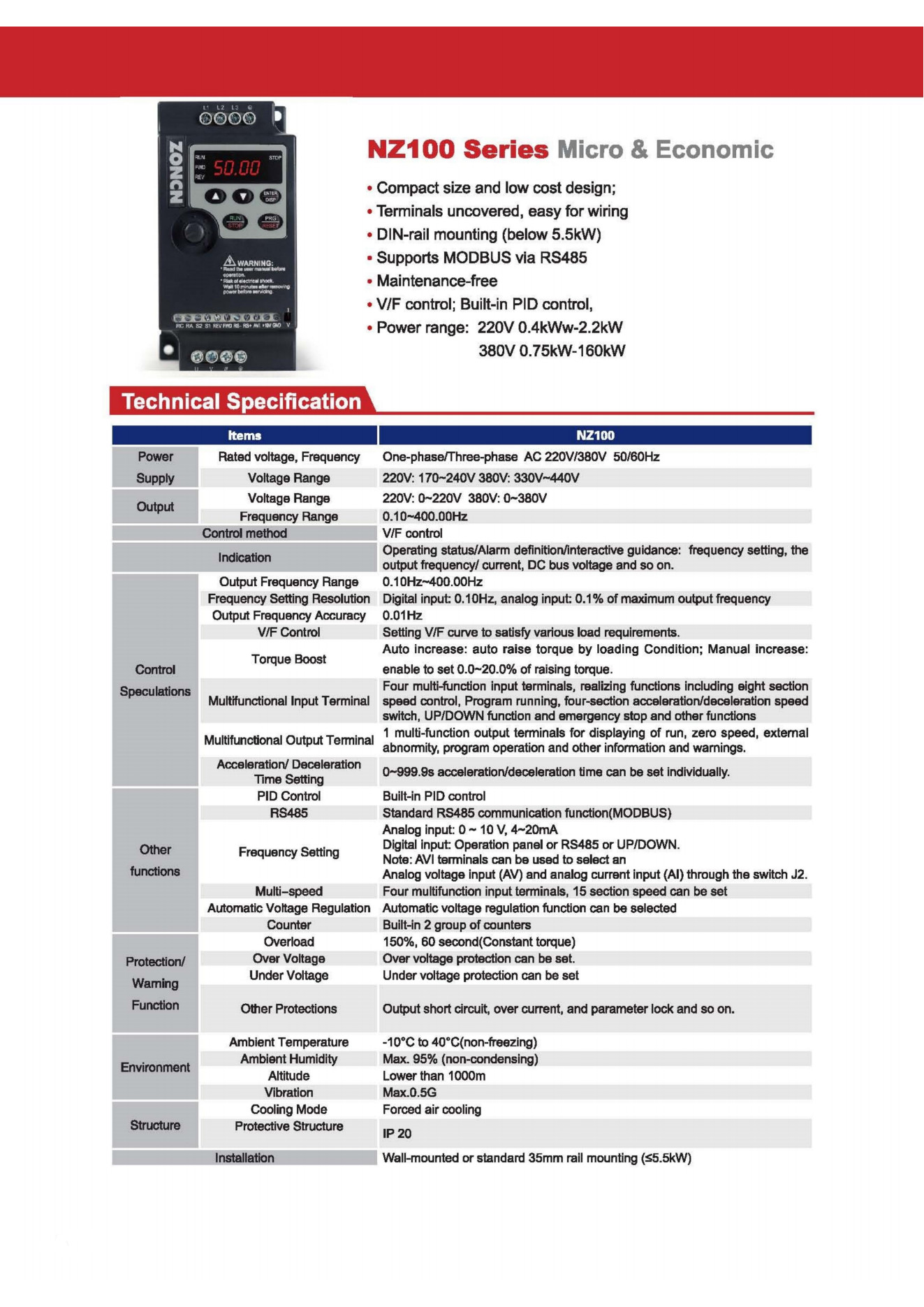NZ100-2R2G Low Voltage Inverter 380V 2.2KW 3 Power Phase