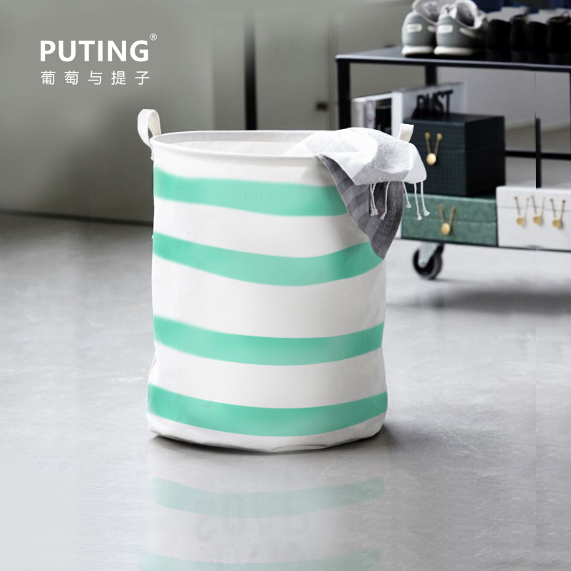 Puting portable Laundry basket storage bag box bathroom hamper bin customized colors stripe Green blue Cotton Linen