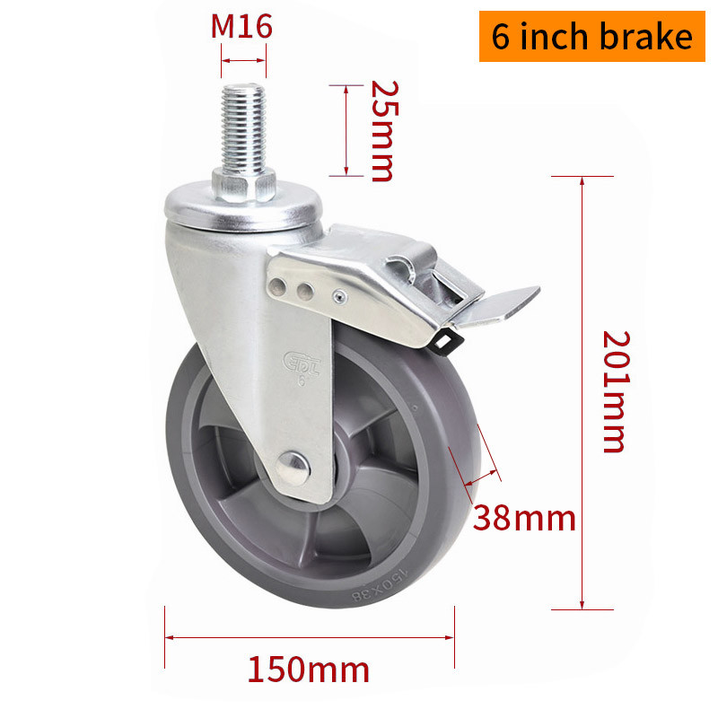 EDL Medium Duty TPE Caster 6inch 200kg Threaded by Swivel and Brake type 666S-56