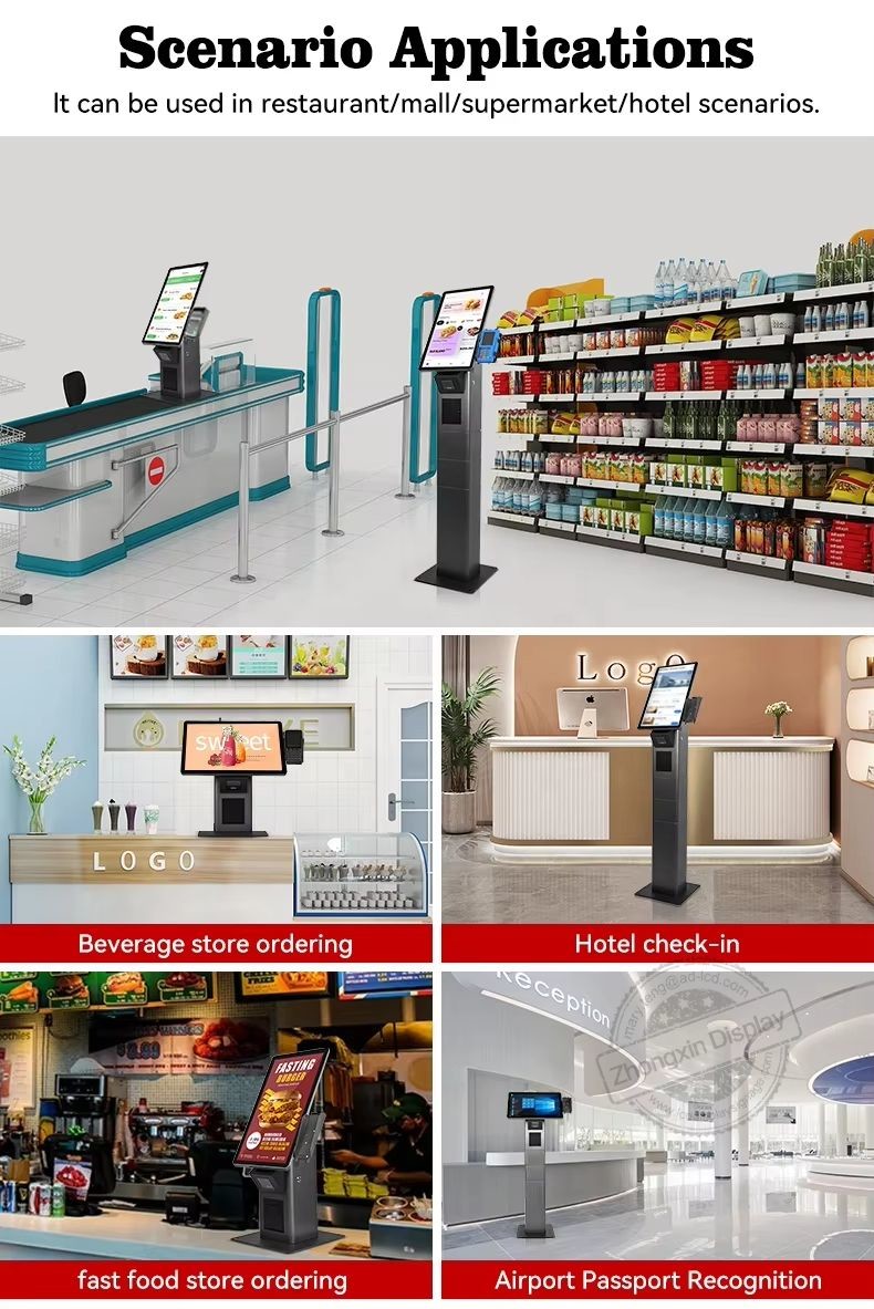 Commercial Standing Android Fast Food Restaurant Touch Screen Kiosk With Pos Barcode Scanner Ticket Printer Options