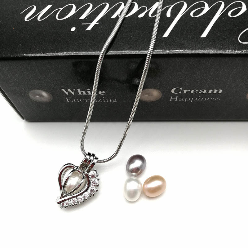 Top Grade Women Pearl Heart Cage Zircon Pendant Necklace for Birthday Gift