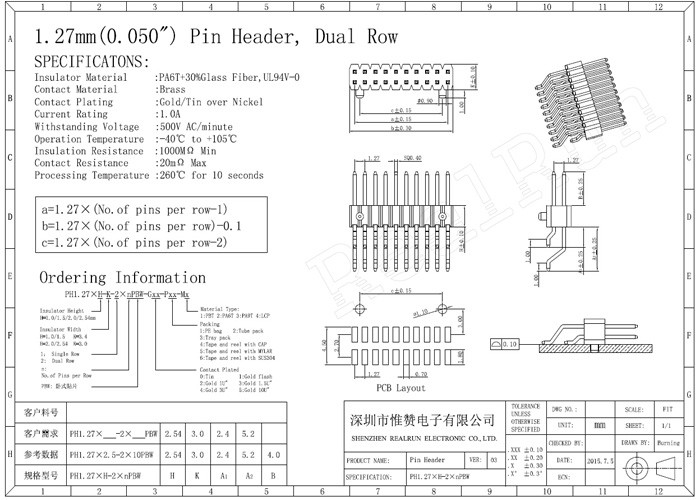 Double Row Pin Header Horizontal SMT Type 2x20 Pin Header Black 1.27mm