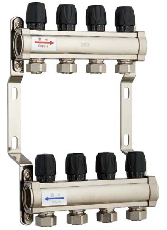 6214 Chrome Plated Brass Water Distribution Manifolds 45mm branch spacing with Supply / Return Flowrate Regulating Knobs