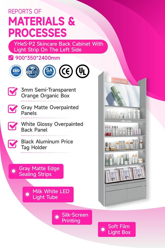 YHeS-P2 Price Tag Holder Skincare Display Cabinet with Milk White LED Tube