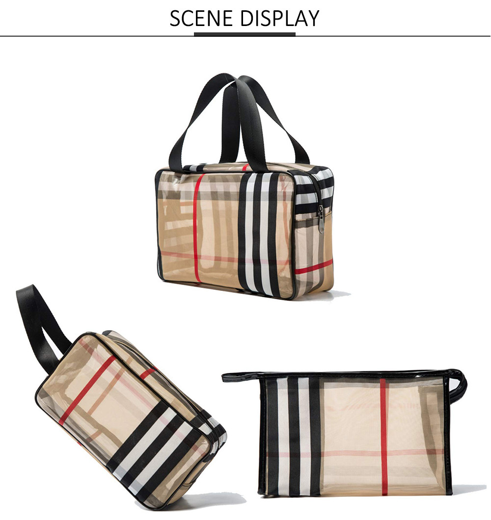 Travel Khaki PVC Stripe Mesh Makeup Bag For Women