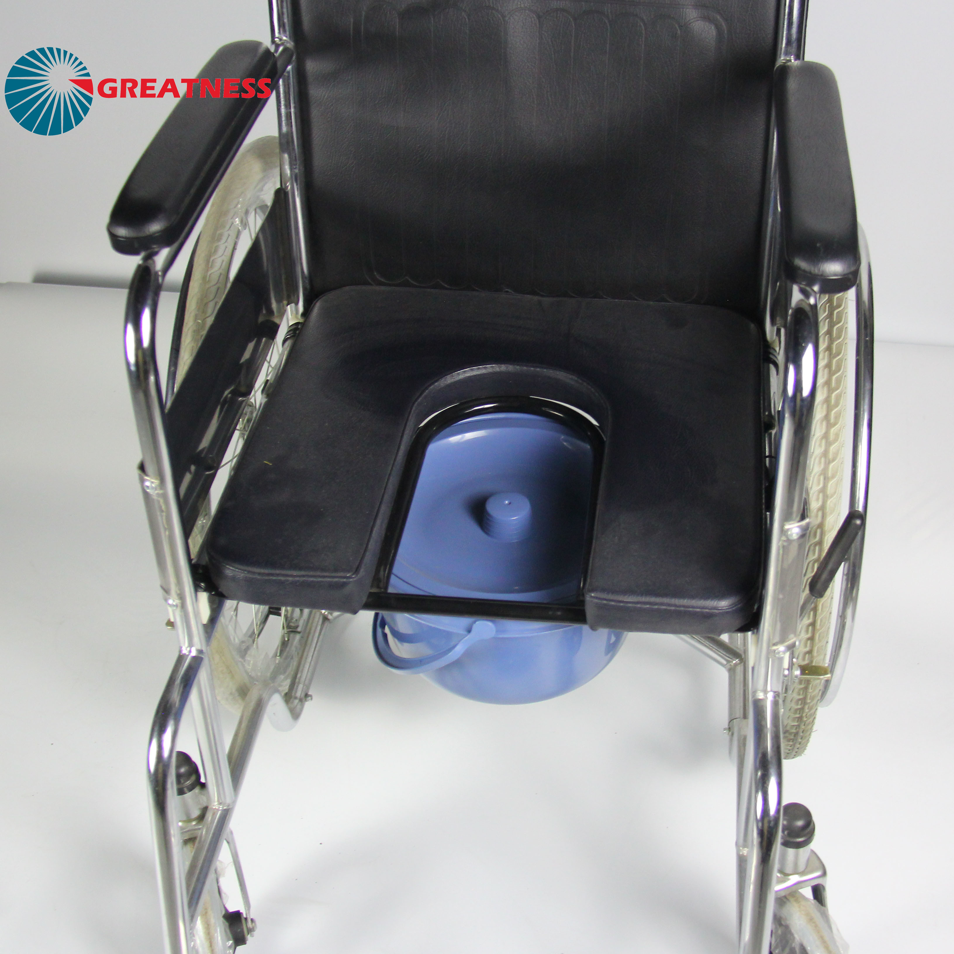 2 In 1 Folding Steel Wheelchair With Removable Seat Cushion Toilet Bowl Multipurpose Commode Chair