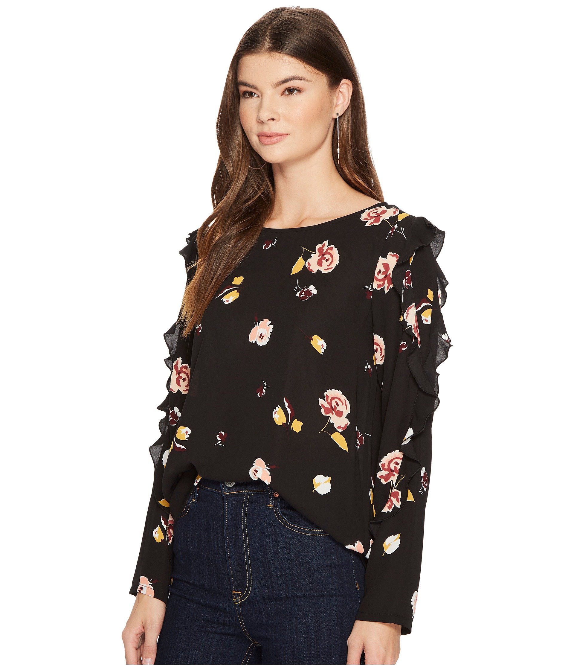 Fall Clothing W Ruffle Long Sleeve Detail Black Blouse Floral Ladies Tops