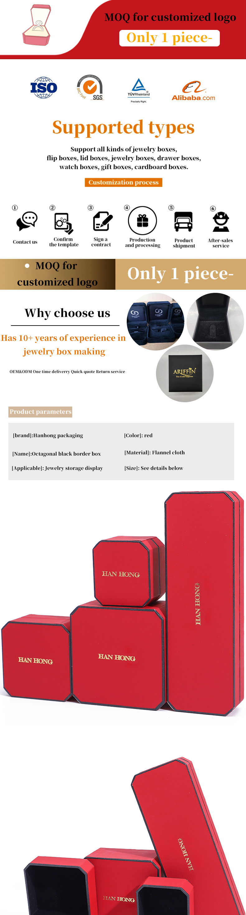 Red Velvet Material Rectangle Jewelry Box for Luxury Bracelet Earrings Necklace Ring