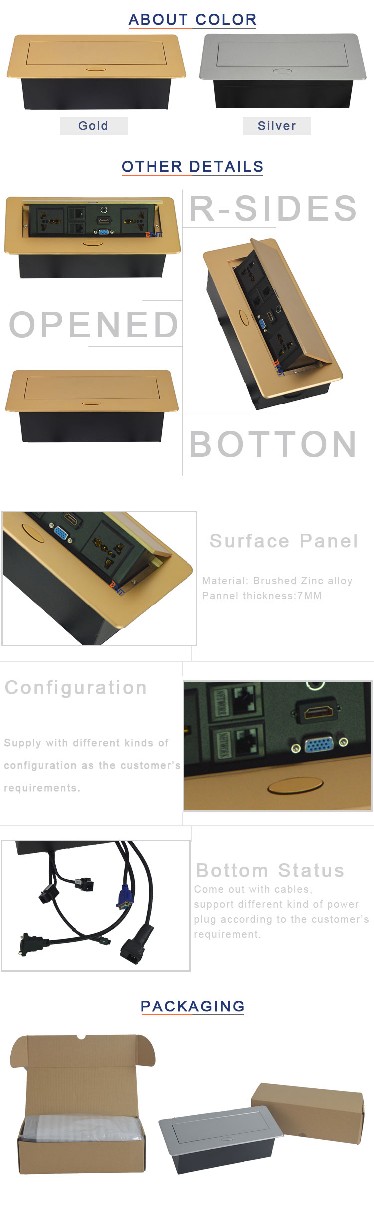 Gold Color Hidden Desk Socet Box with Pre-wired H-DMI & VGA jack