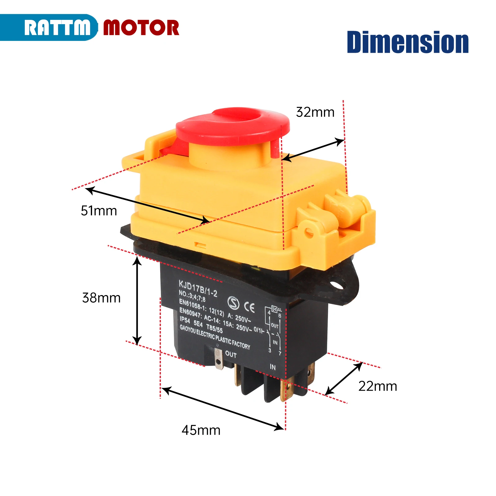 KJD17B/1-2 Mini Lathe Accessories 4 PIN Emergency Stop Switch