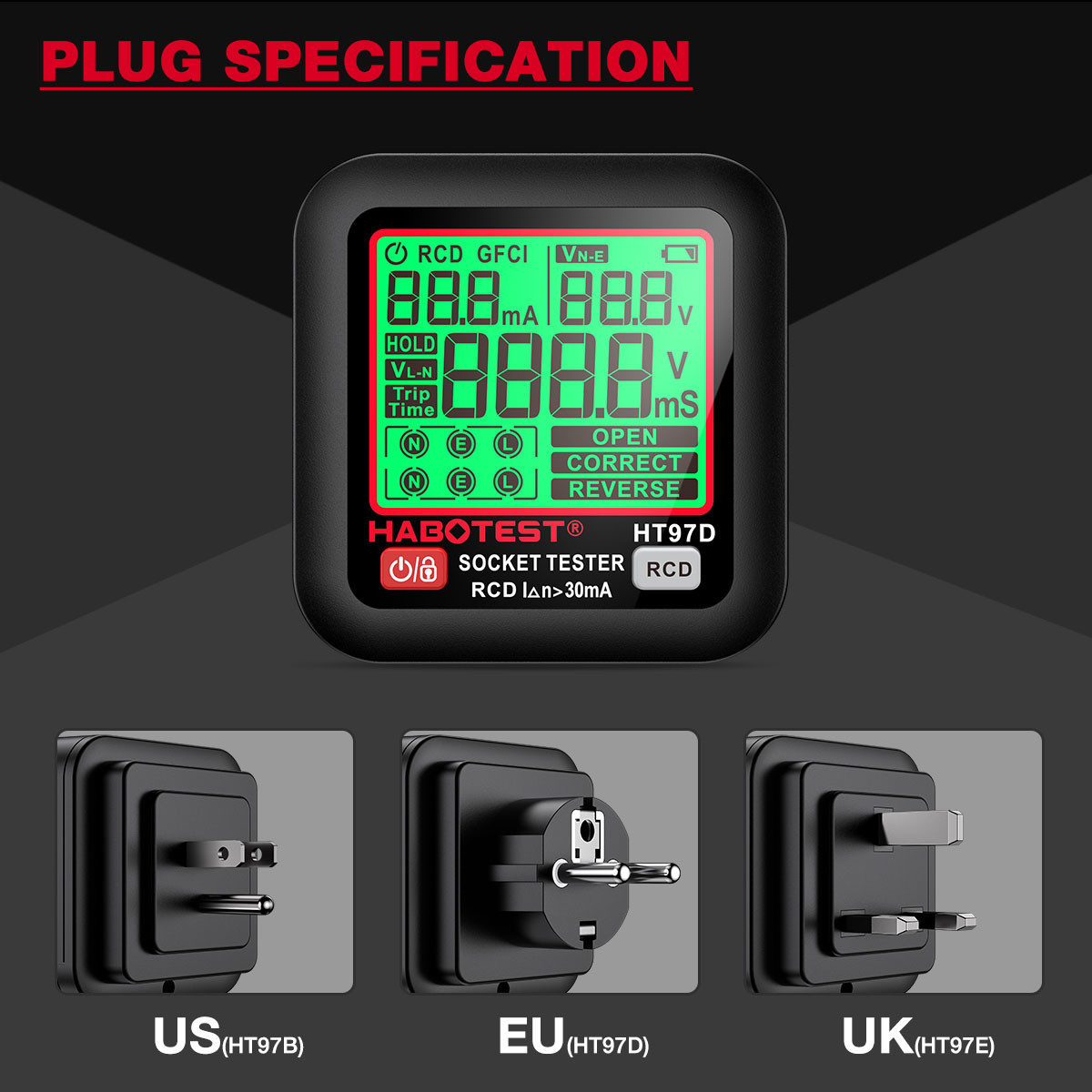 HT97 Digital Socket Tester Smart Voltage Detector RCD GFCI Voltage Test EU US UK Plug Large Display CE Certified