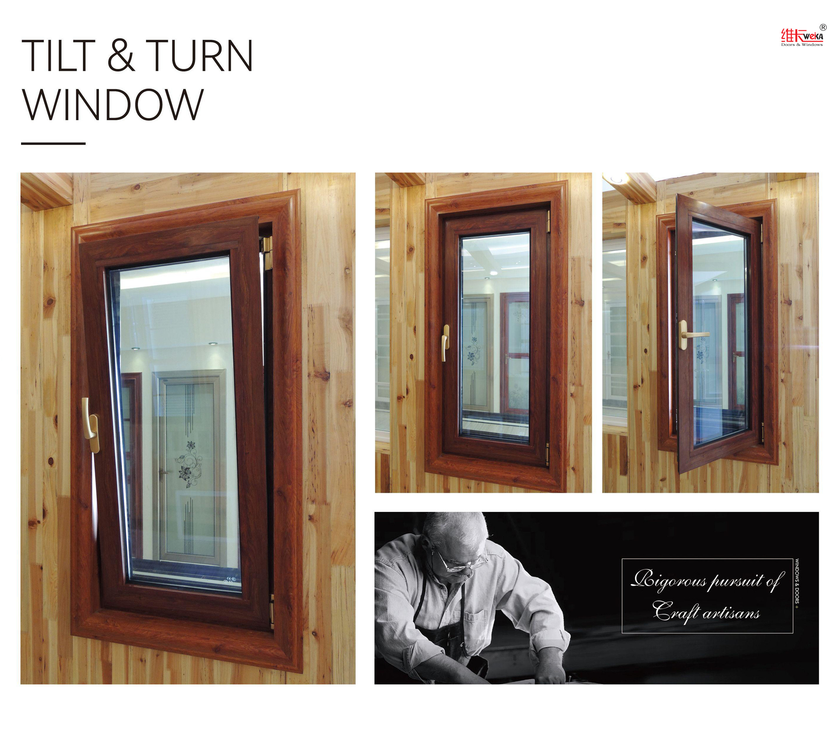 Windproof Tilt And Turn UPVC Window Oak Finish