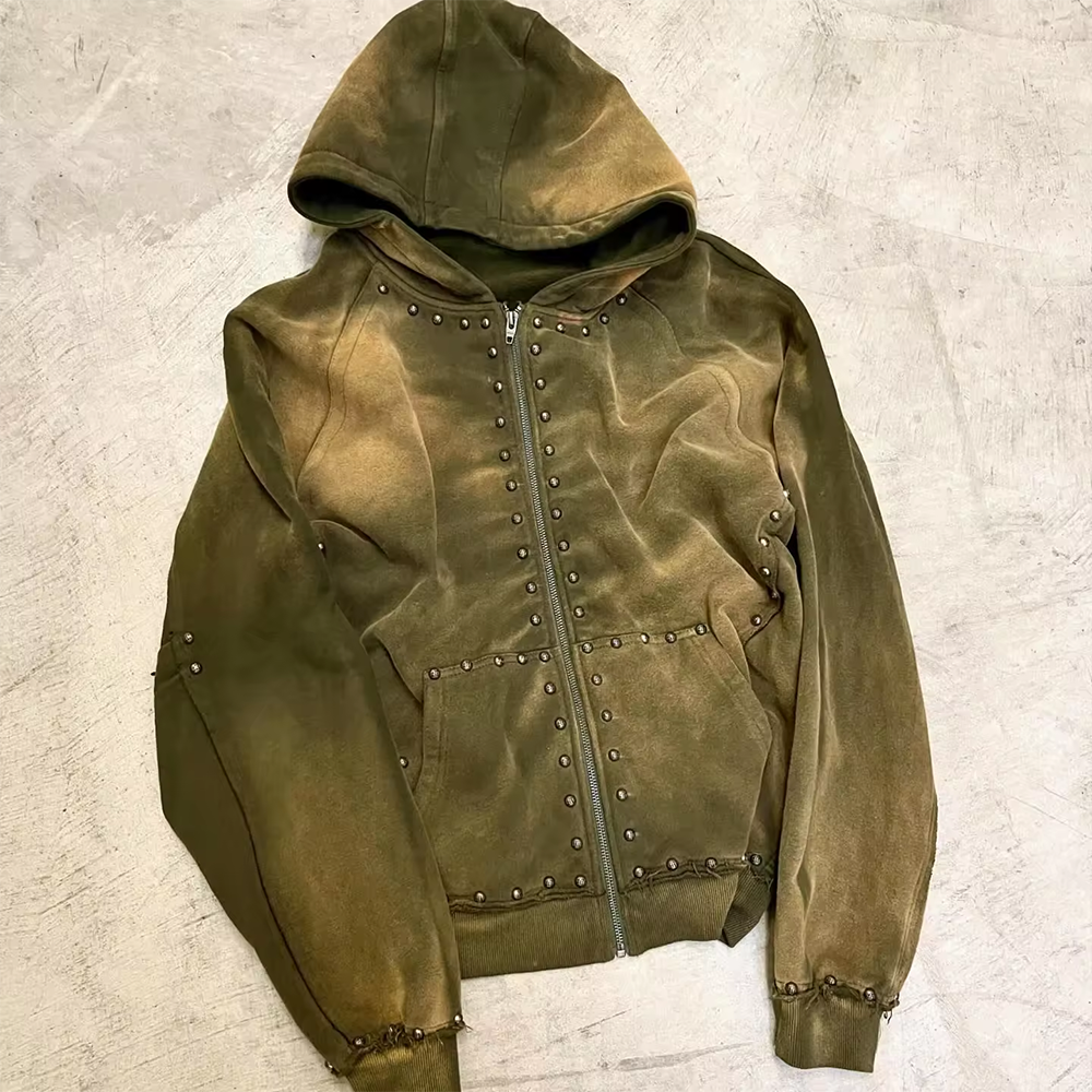 500gsm Black Rhinestone Zip Up Hoodie Men Oversized Autumn Hooded Hoodie Sun Faded Acid Wash Look