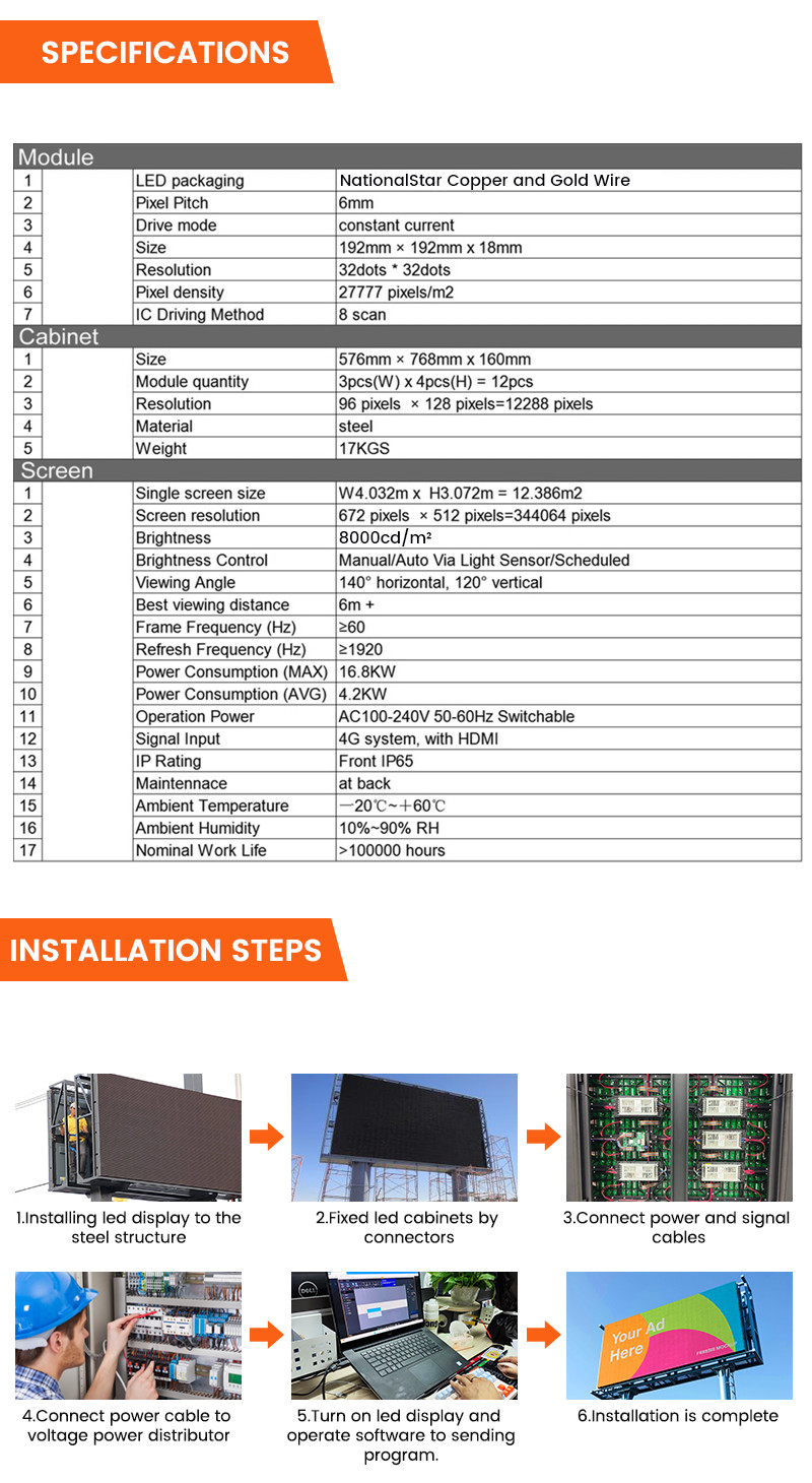 High end design 8000nits waterproof IP65 p6 steel outdoor led billboard for advertising