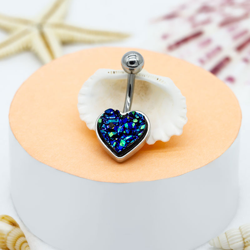 Hypoallergenic Belly Button Rings Rainbow Crystal Love Heart Dangle Navel Jewelry