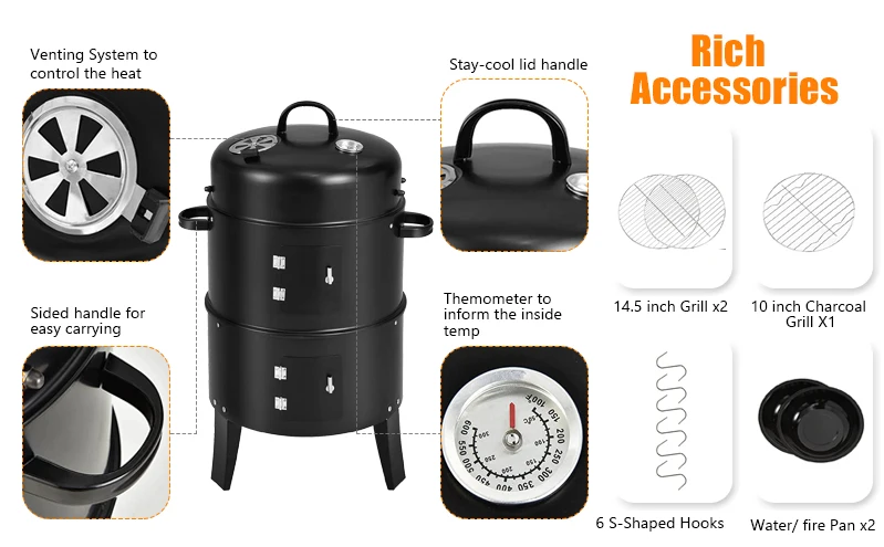 3-in-1 Heavy Duty Tower Charcoal Barbeque Grill Smoker for Outdoor Cooking Fun