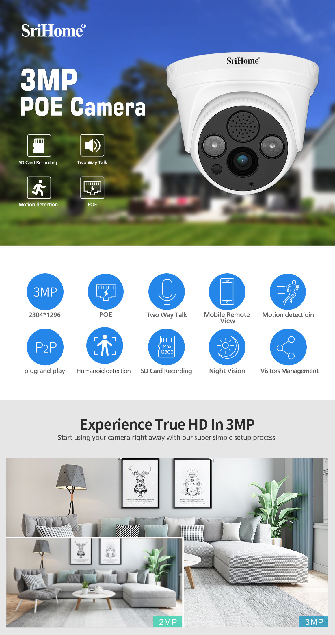 H.264 128G 4mm 2-Way Audio WiFi 2.4G&RJ45 Poe Powered Home Surveillance Security Camera And Cctv Camera System