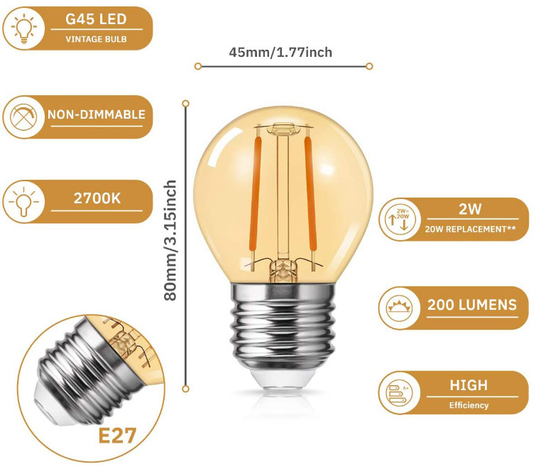 E27 2W LED Filament Bulb G45 120V 220V E26 Amber Globe