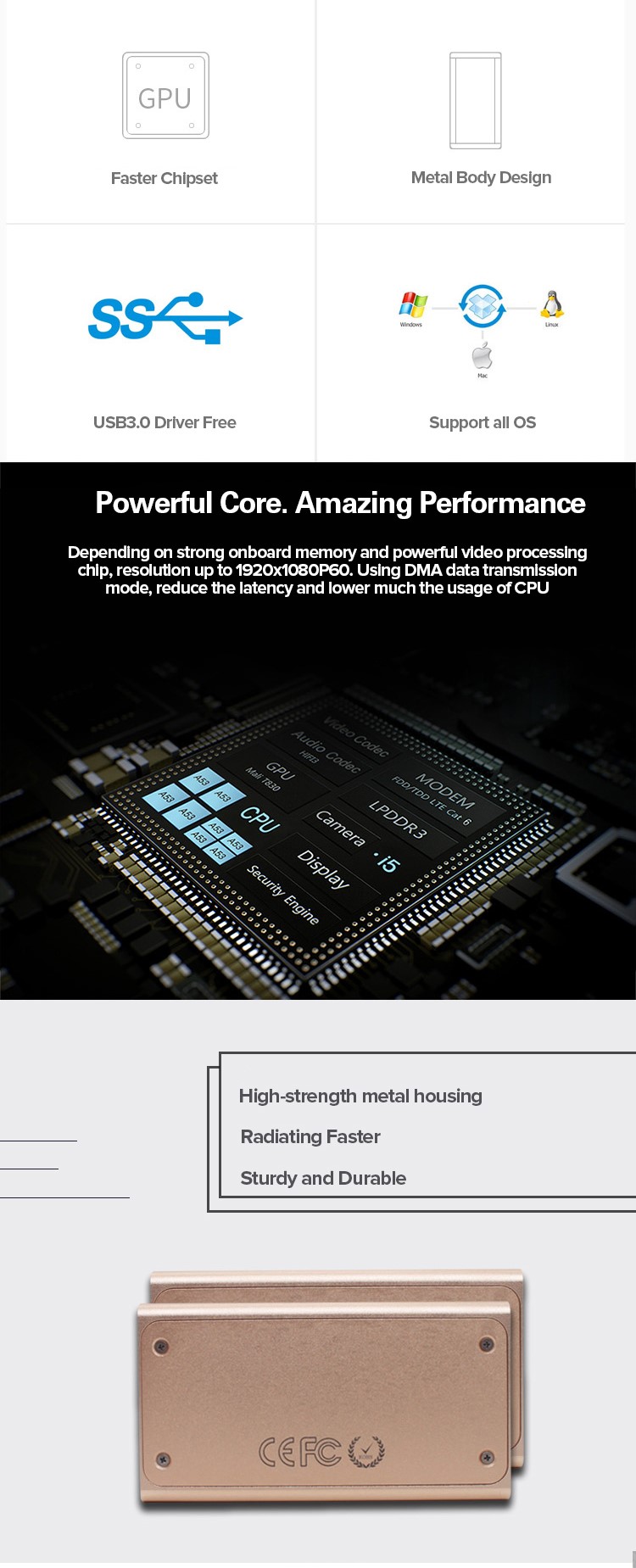 Driverless USB Capture Card For Webcasting 1920x1080P60 Video Streaming