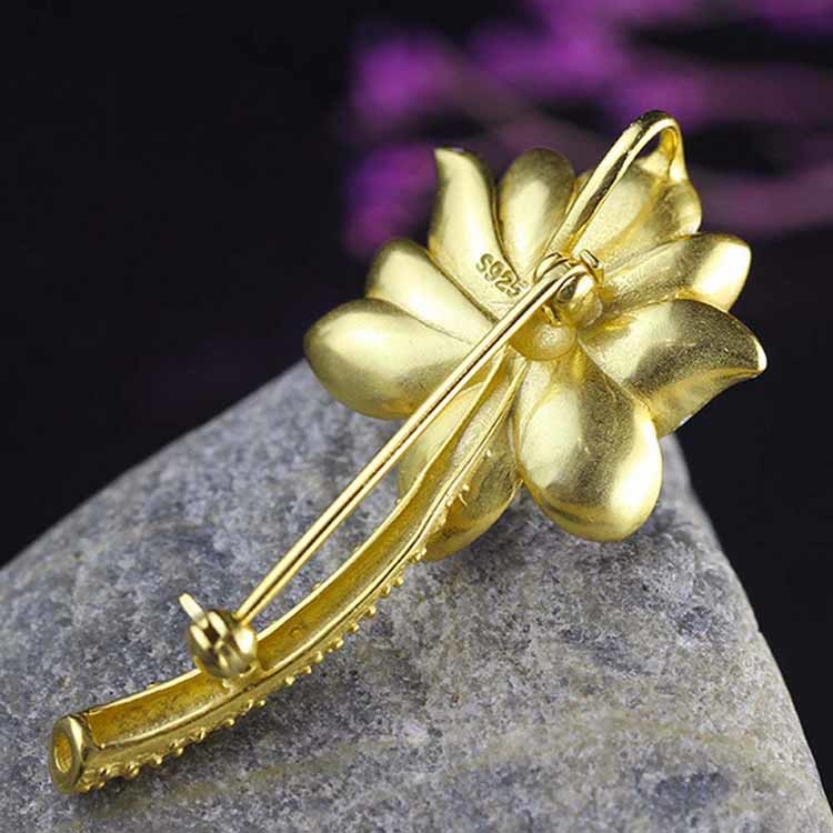18K Gold Plated 925 Silver Enamel Lotus Flower Jade Pendant Necklace Brooch For Women(XZ81001)