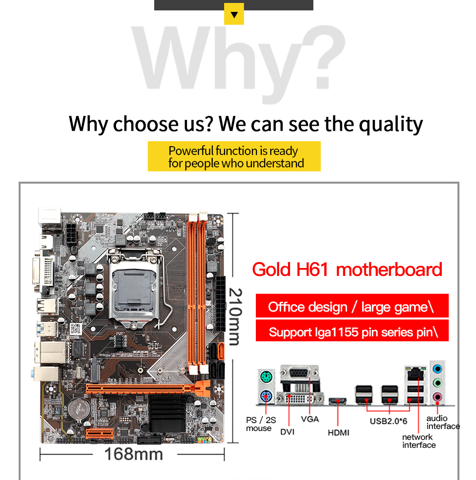 Sata2.0 H61 LGA 1155 Motherboard DDR3 Dual Channel 100m Network Card