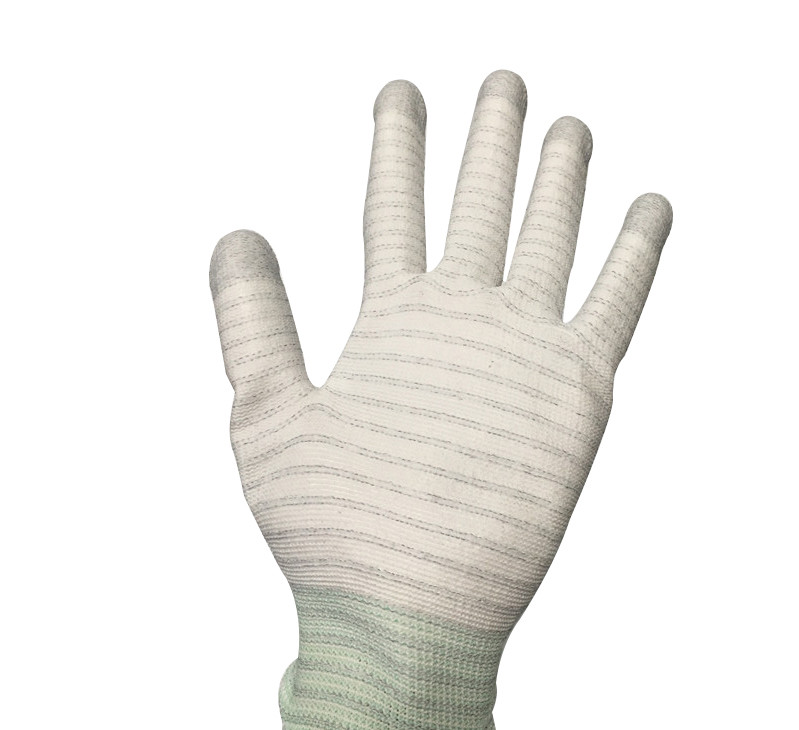 PU Top Coated Striped Static Proof Gloves Fingertip Carbon Knitted EN388 4121 Standard