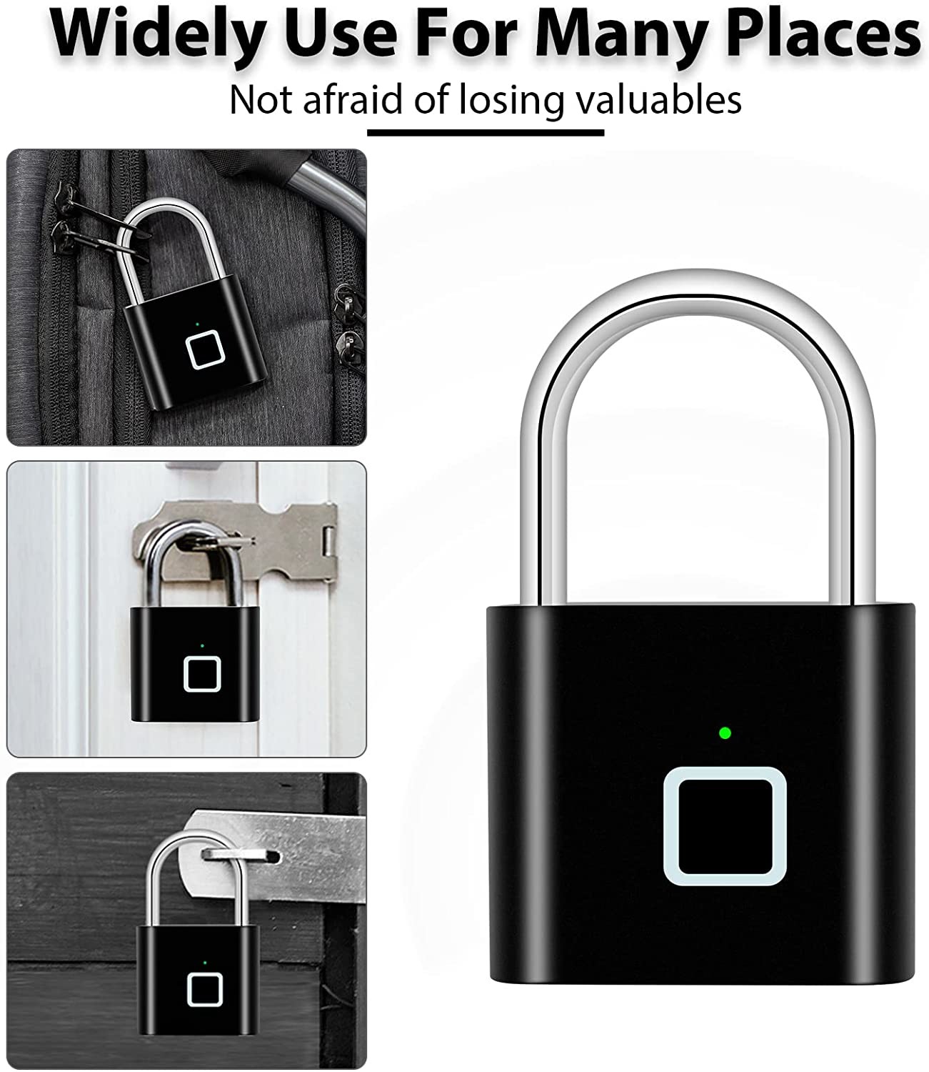 Black Silver Color Smart Fingerprint Padlock Waterproof Keyless Thumbprint For Locker Gym