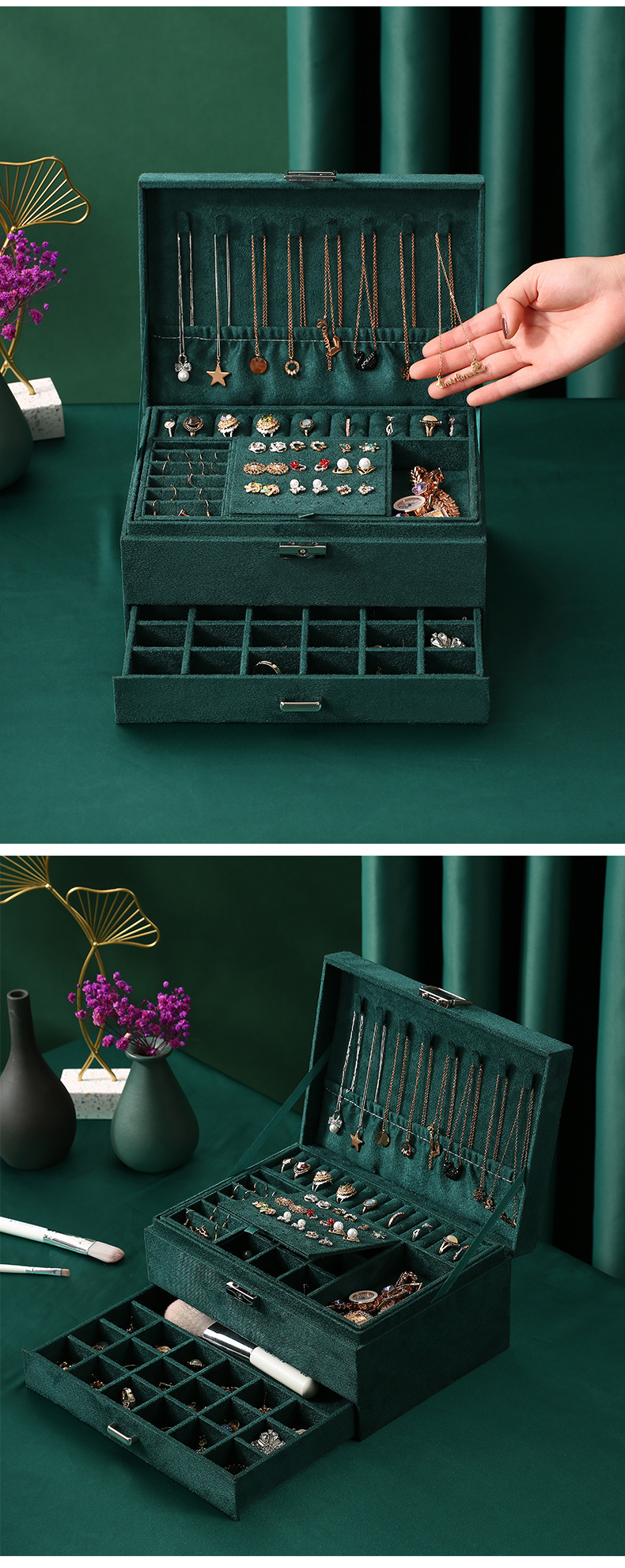 Handmade Velvet Wooden Jewelry Box Organizer For Necklace Earring Ring Bracelet