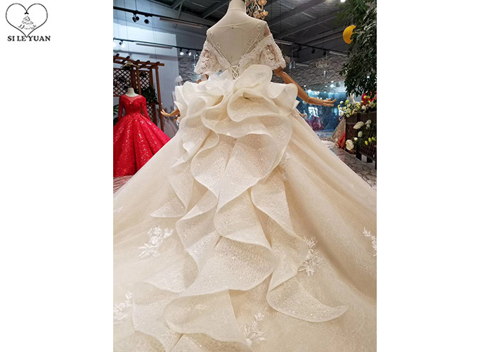 Female Princess Grace Wedding Dress Half Sleeve Beaded Net Three Layer Lace Tail