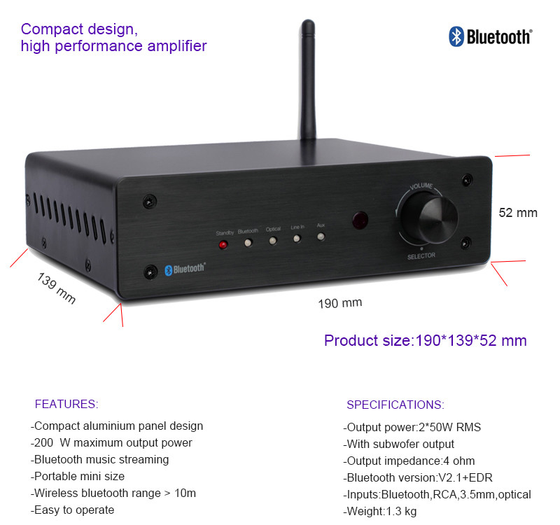HiFi Audio Power Amplifier 2 Channel Stereo Class D Digital Integrated Bluetooth Amplifier