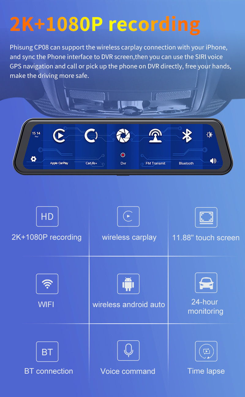 Dual Cams HD1080P Carplay Dashboard Blackbox Driving Video Recorder 12inch 2K