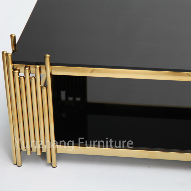Double Tempered Glass Center Table Rectangle Shape Gold Frame