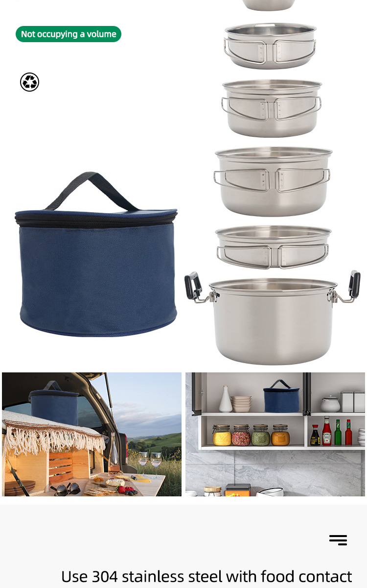 High Quality 304 Stainless Steel Outdoor Cooking Pot Set Camping Cookware Set With Storage Bag