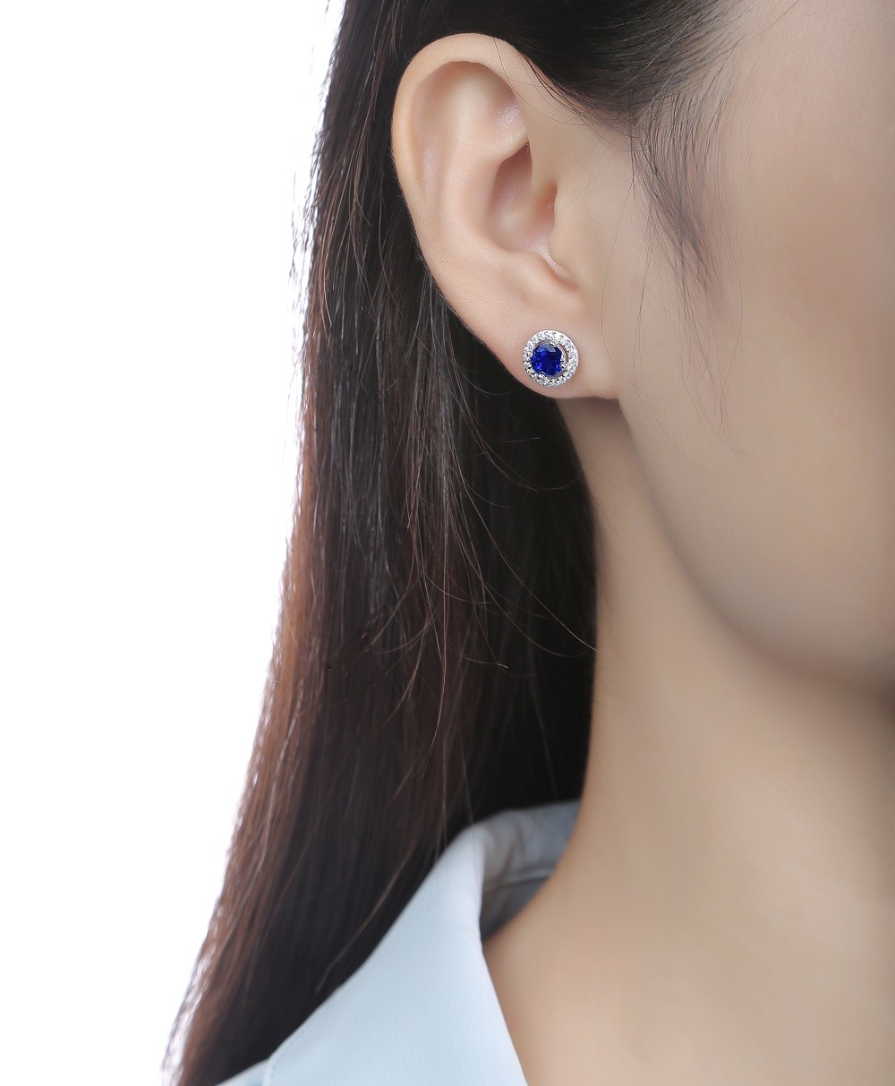 Blue 925 Sterling Silver Zircon Round Gemstone Stud Earrings For Gift Giving