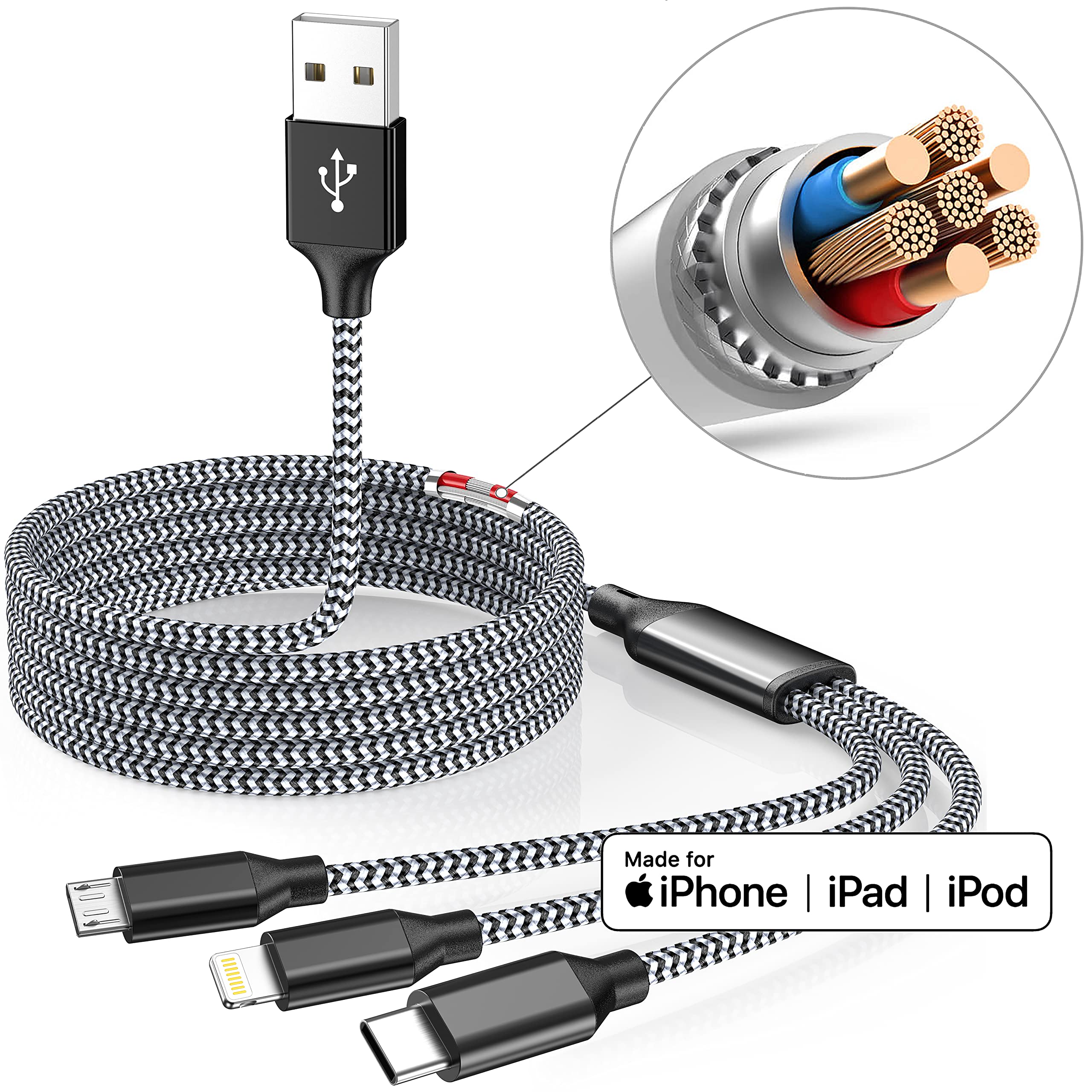 3 in 1 USB Charging Cable Multi Phone Cord with Type C/Micro/Lightning USB Connectors