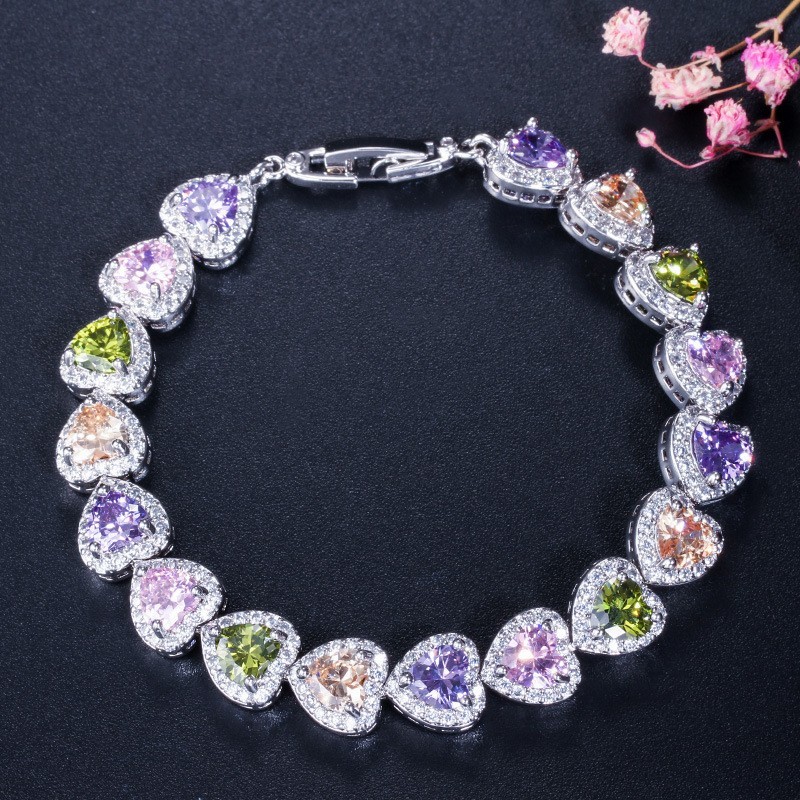 Elegant Prom Party Bracelets Jewelry Heart Shape Bracelets Blue Purple Red Green Yellow Crystal Stone Charm Bracelets