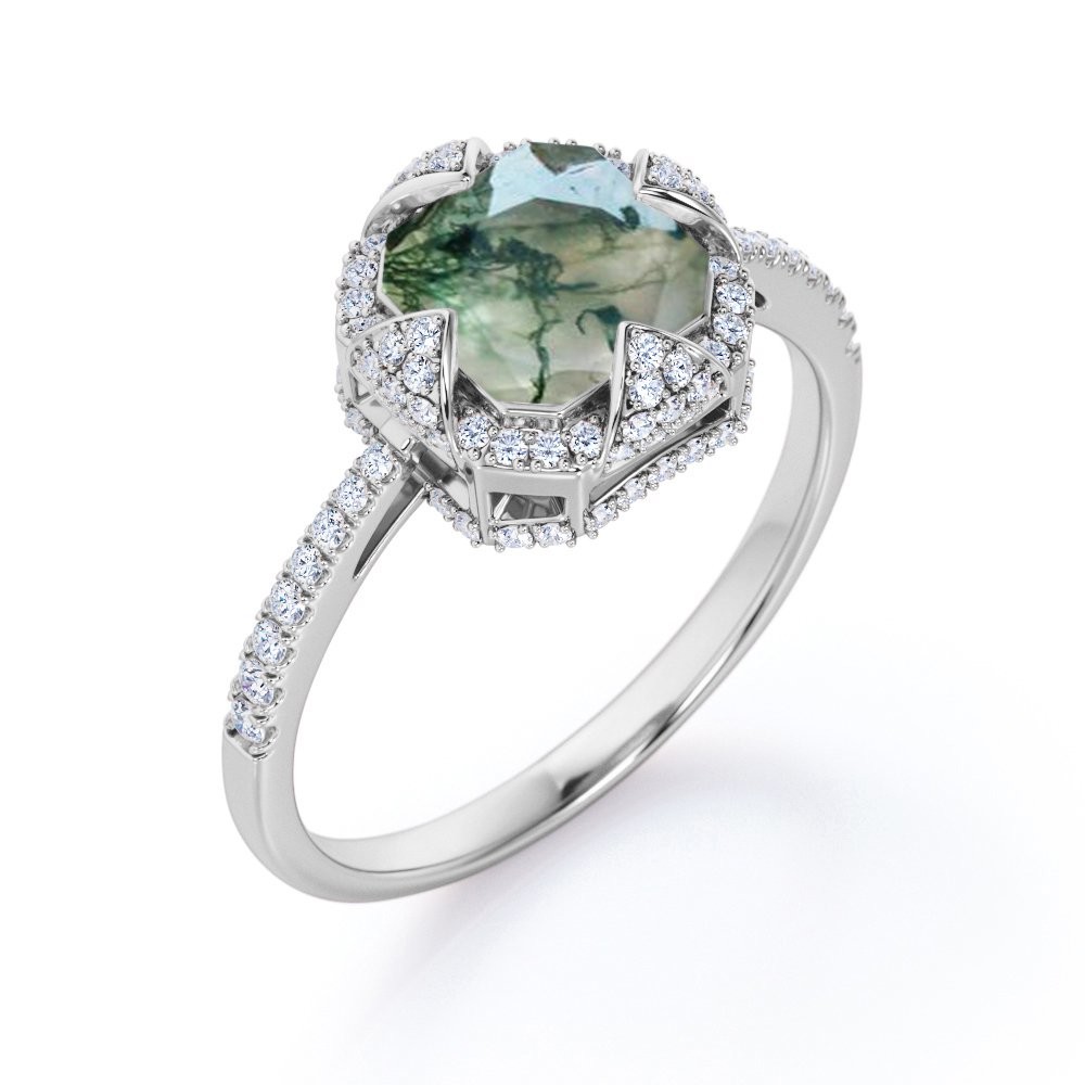 Asscher Cut Opaque Milky Moss Green Agate and Moissanite - Pave Engagement Ring