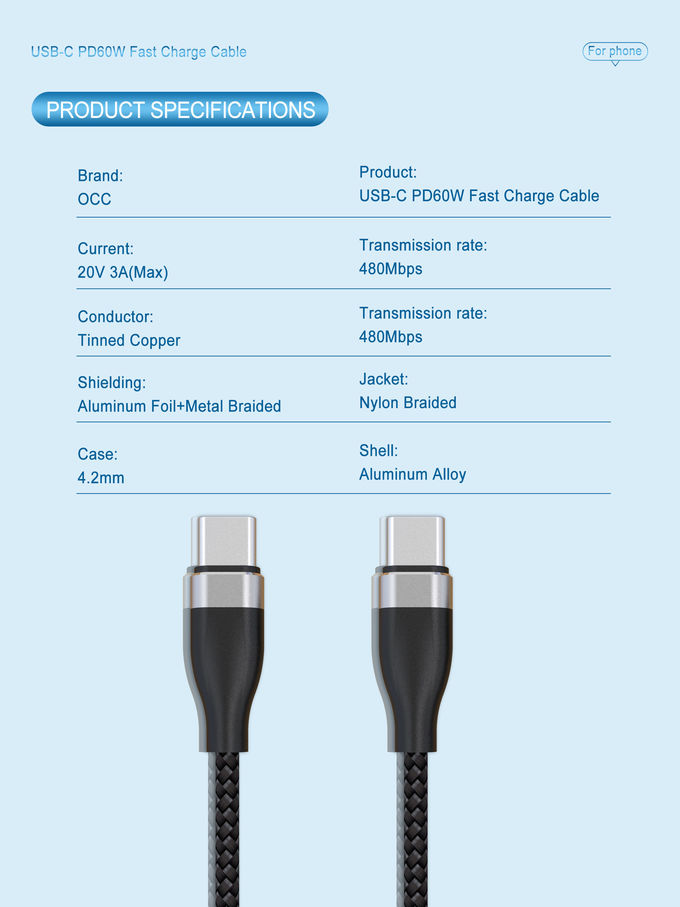 60w PD 20V 3A USB Type C Charging Cable 1Ft Length Nylon Braided For xiaomi mI4C